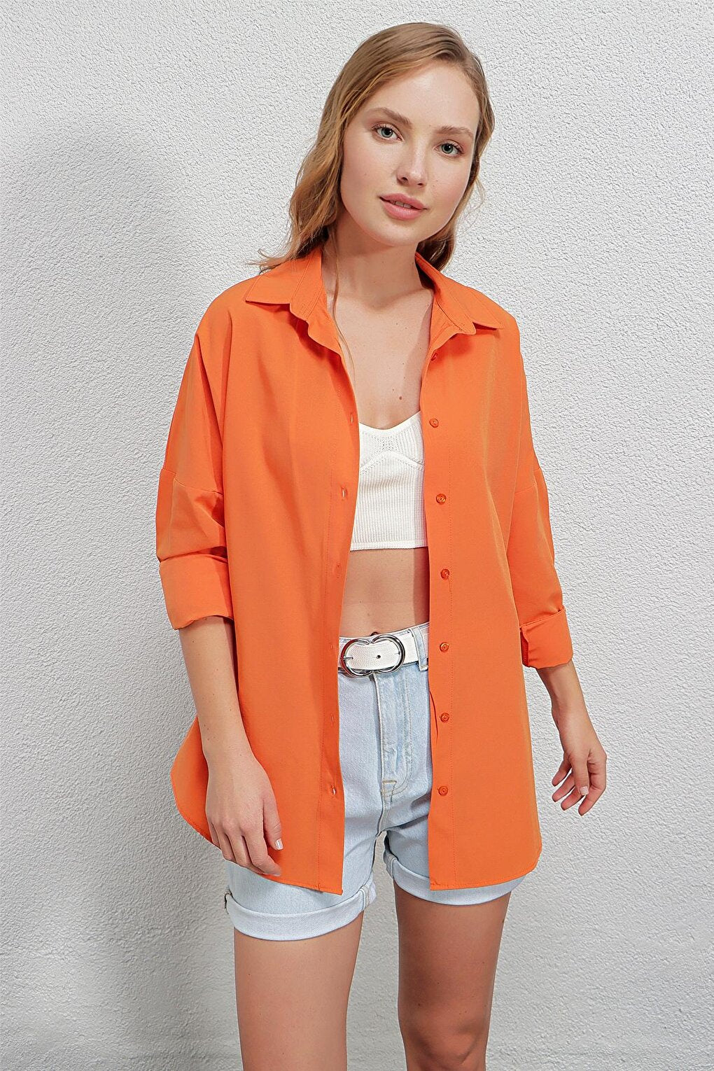 Women's Orange Oversize Long Basic Shirt HZL22W-BD139001