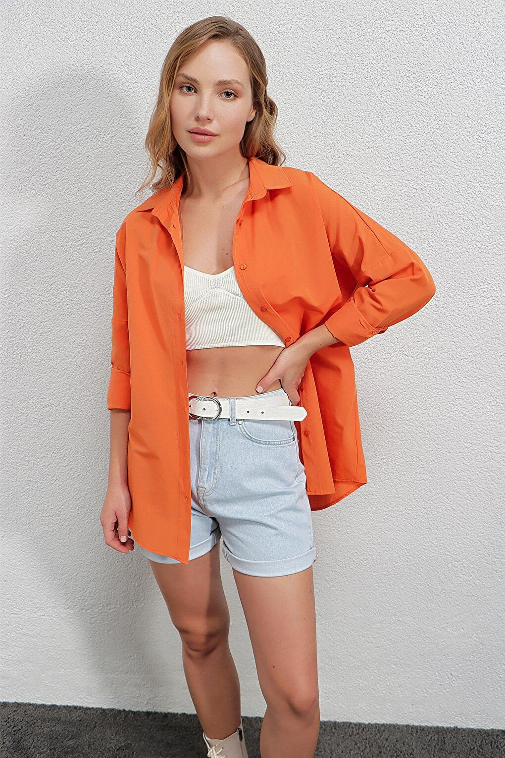 Women's Orange Oversize Long Basic Shirt HZL22W-BD139001