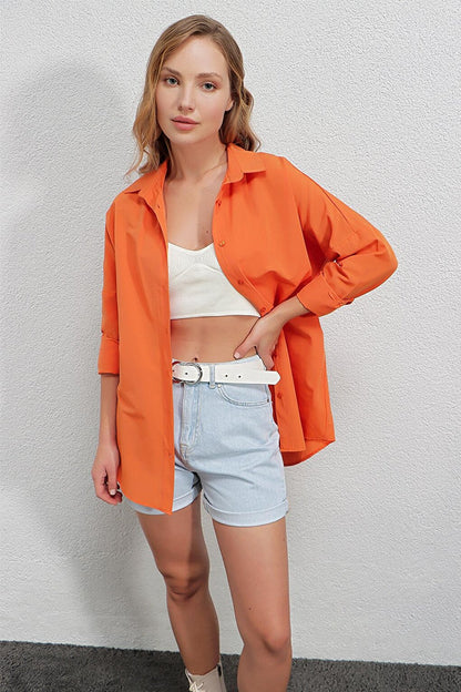 Women's Orange Oversize Long Basic Shirt HZL22W-BD139001