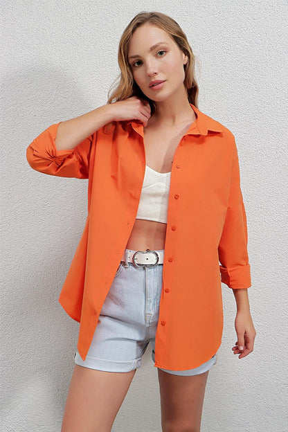 Women's Orange Oversize Long Basic Shirt HZL22W-BD139001