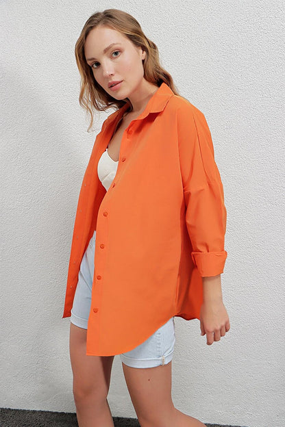 Women's Orange Oversize Long Basic Shirt HZL22W-BD139001