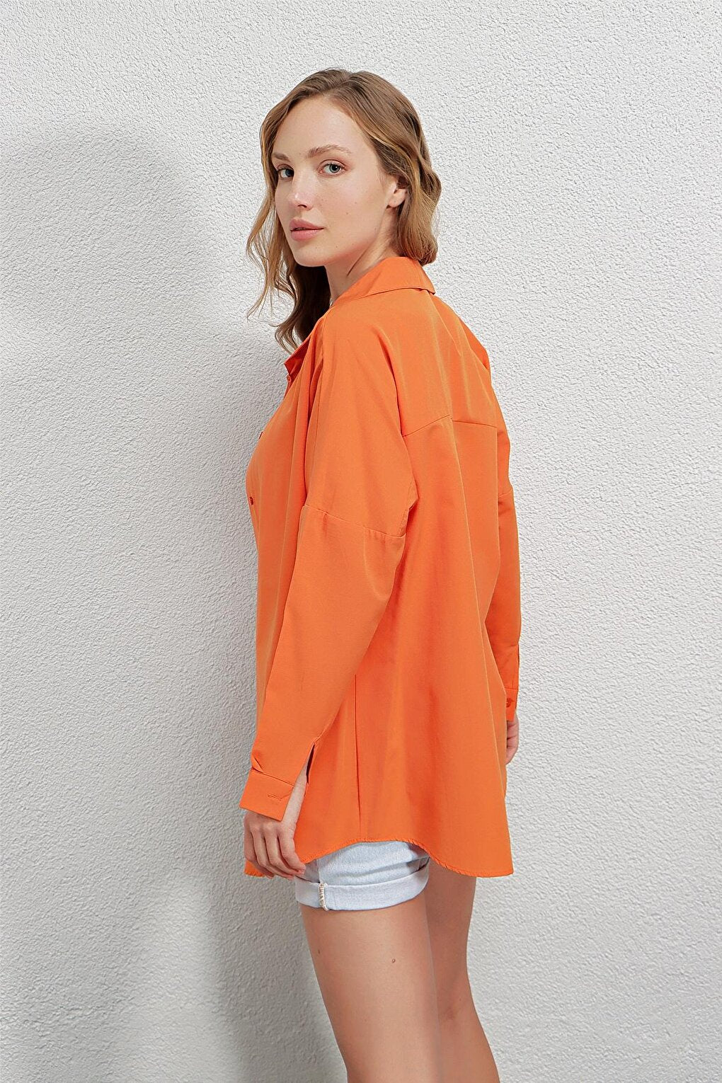 Women's Orange Oversize Long Basic Shirt HZL22W-BD139001