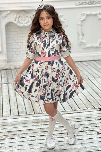 Girl's Stone Button Detailed Shirt Collar Floral Dress