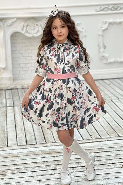 Girl's Stone Button Detailed Shirt Collar Floral Dress