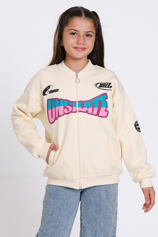 Girl's Cream Unserate Print Zippered Sweatshirt