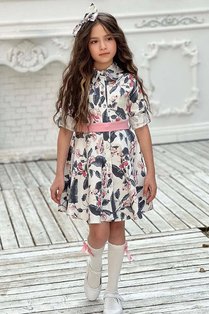 Girl's Stone Button Detailed Shirt Collar Floral Dress