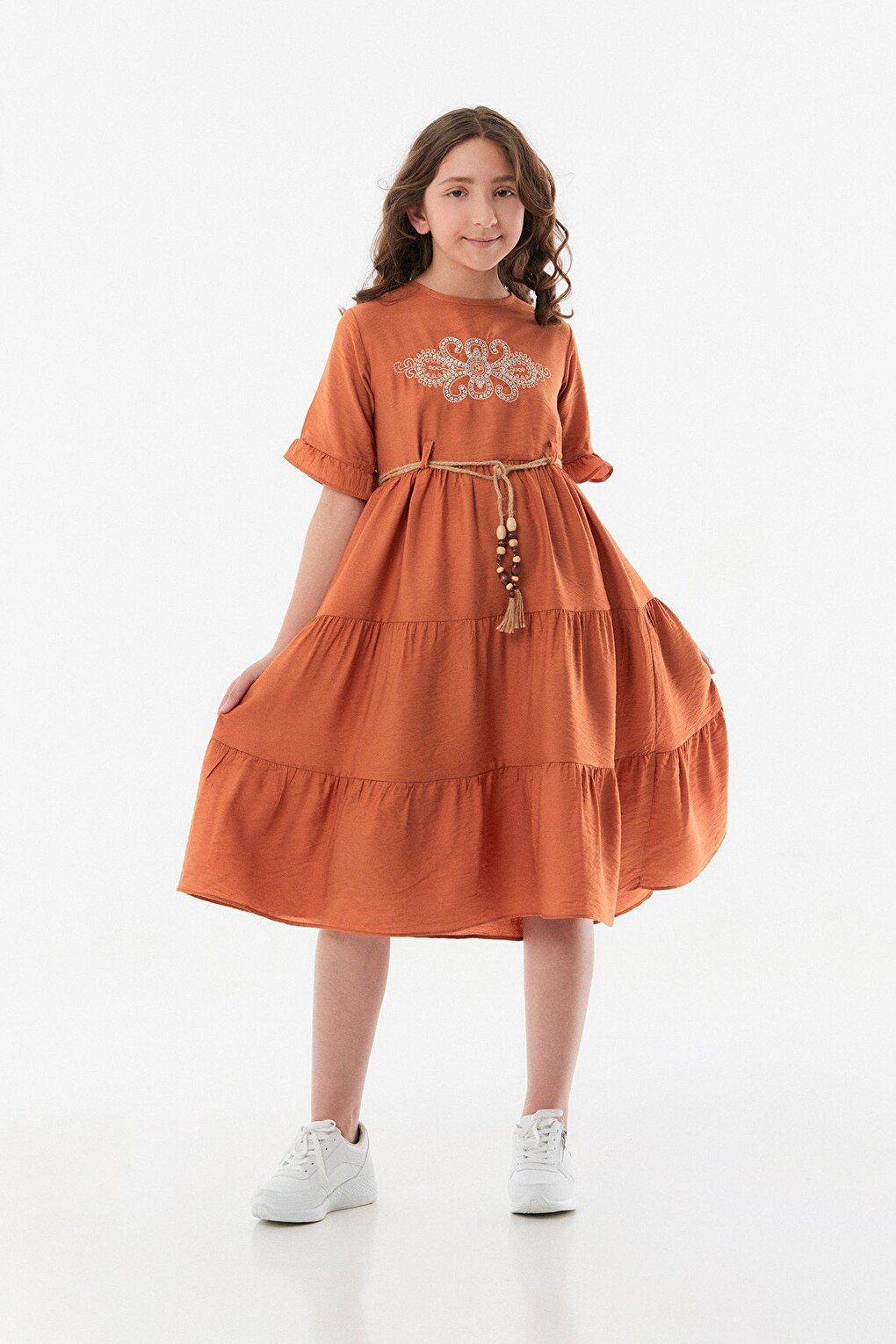 Embroidered Belt Detailed Girl's Ayrobin Dress