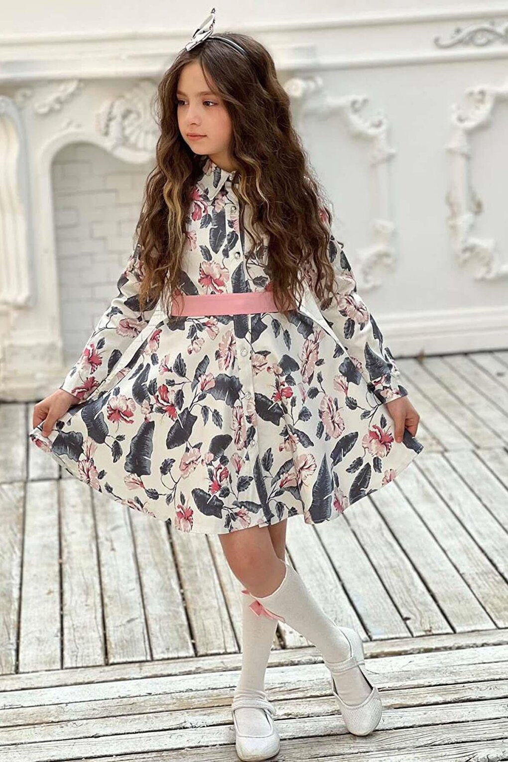 Girl's Stone Button Detailed Shirt Collar Floral Dress