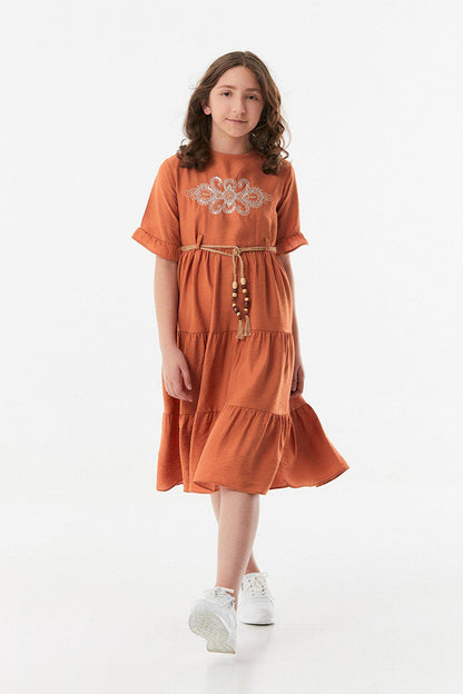 Embroidered Belt Detailed Girl's Ayrobin Dress