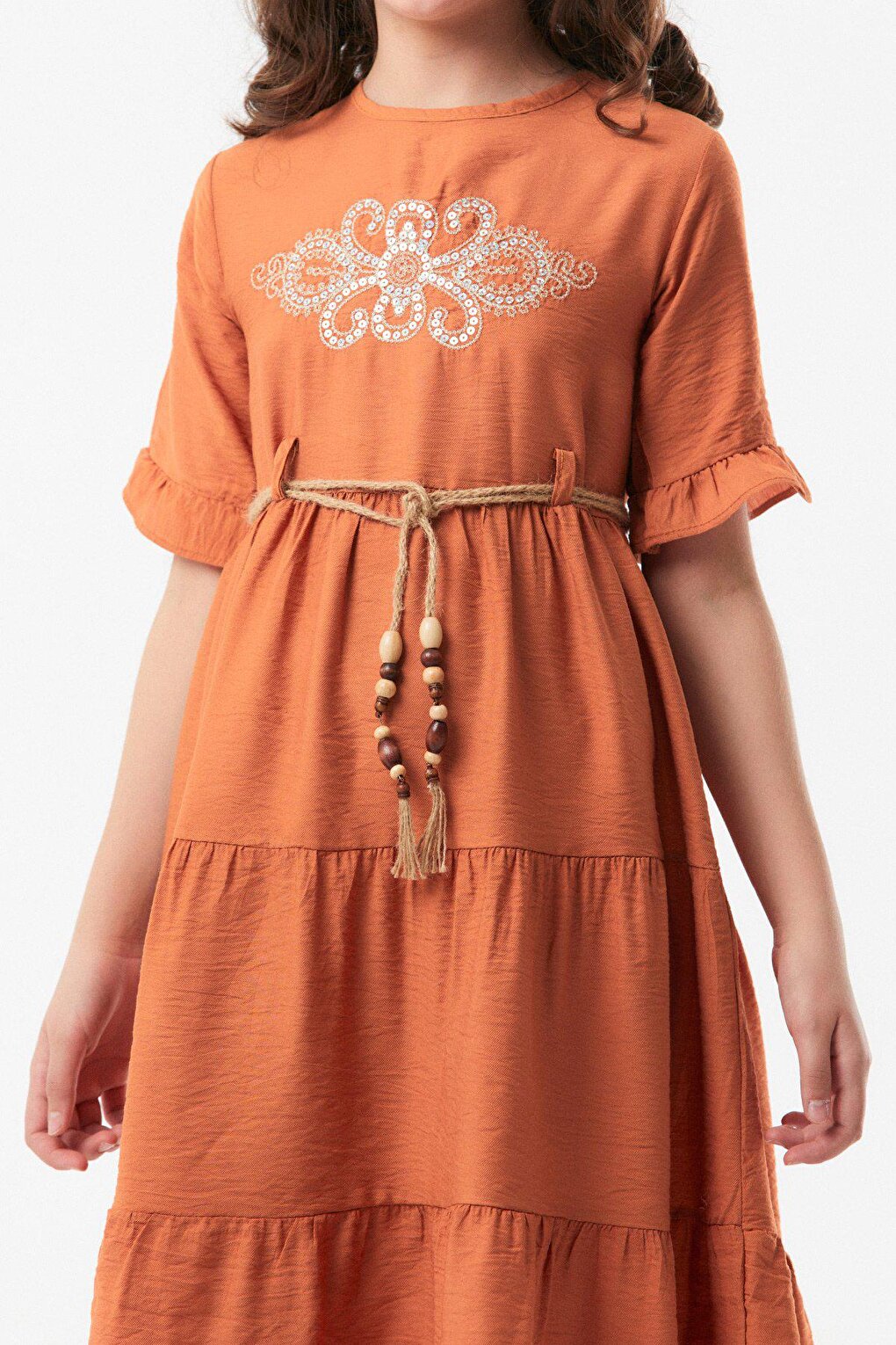 Embroidered Belt Detailed Girl's Ayrobin Dress