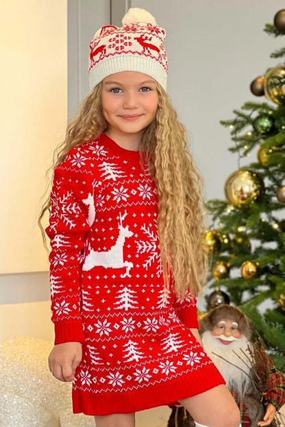 Girl's Deer Embroidered New Year Red Knitwear Dress