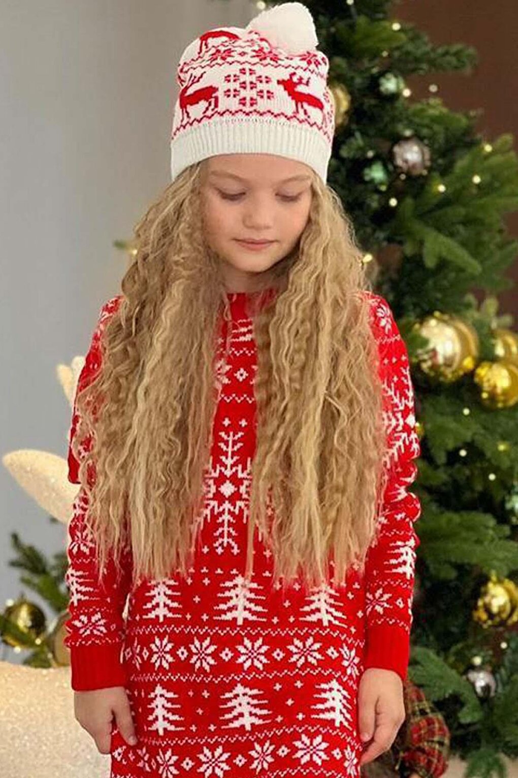 Girl's Deer Embroidered New Year Red Knitwear Dress