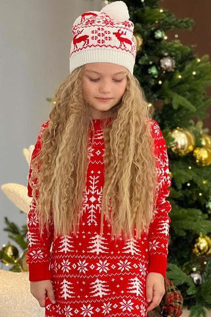 Girl's Deer Embroidered New Year Red Knitwear Dress