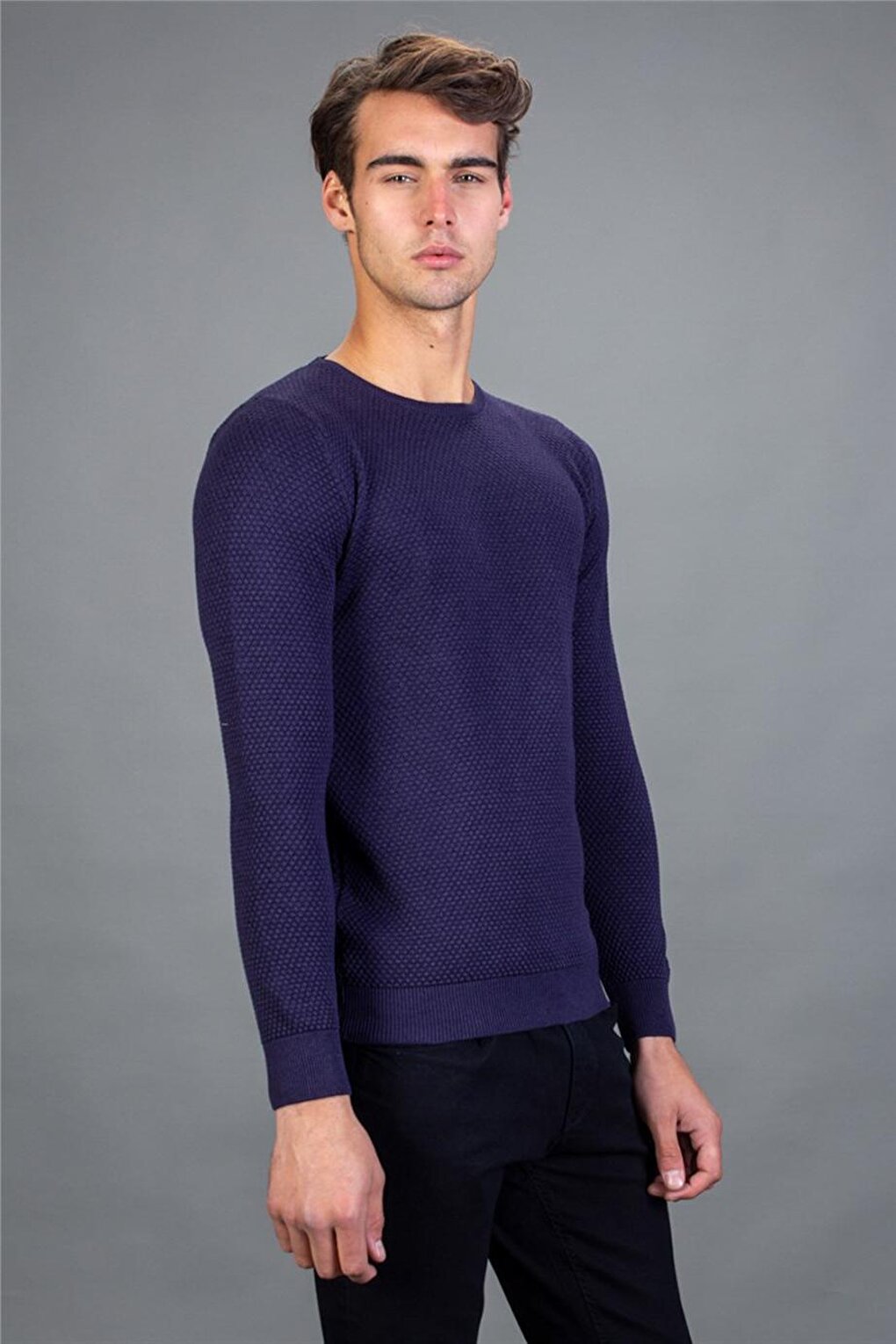 Slim Fit Crew Neck Honeycomb Patterned Men's Purple Sweater