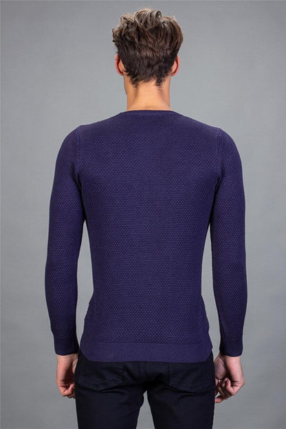 Slim Fit Crew Neck Honeycomb Patterned Men's Purple Sweater