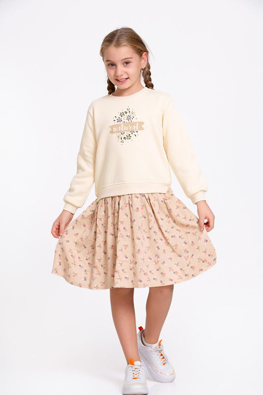 Girl's Cream Natural Print Dress 5-9 Years Old - 23180-3