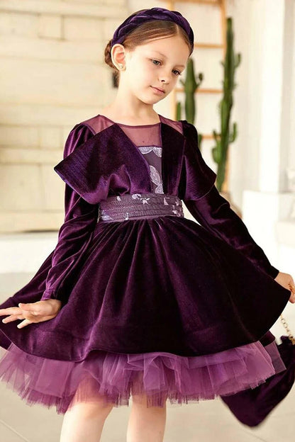 Girl's New Purple Dress with Leaf Embroidery on the Waist and Transparent Tulle on the Collar