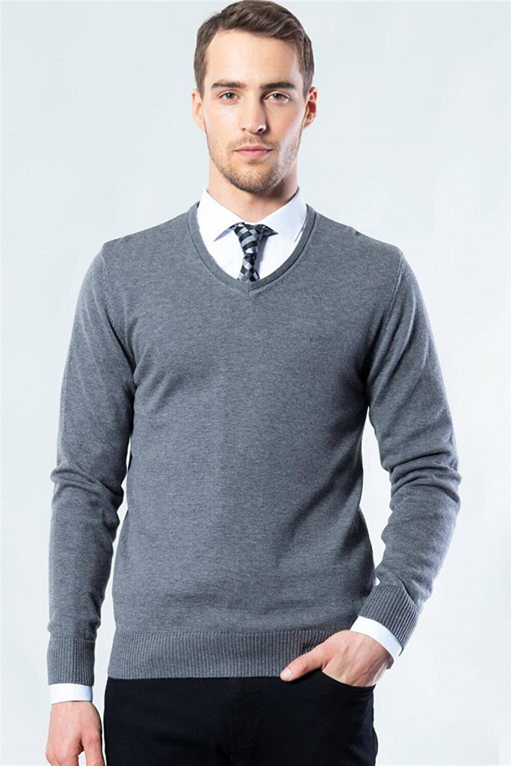 Slim Fit V-Neck Cotton Men's Gray Sweater