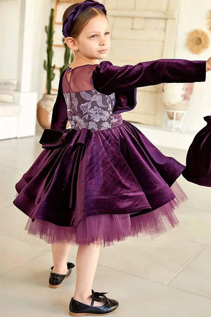 Girl's New Purple Dress with Leaf Embroidery on the Waist and Transparent Tulle on the Collar