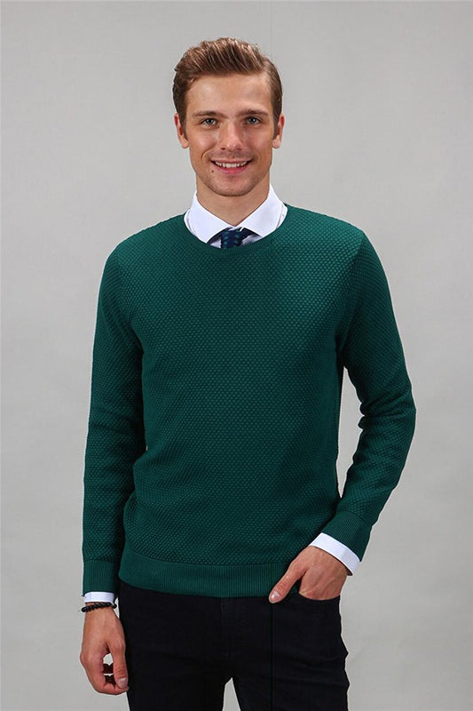 Slim Fit Crew Neck Honeycomb Patterned Men's Green Sweater