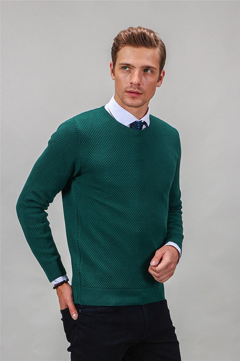 Slim Fit Crew Neck Honeycomb Patterned Men's Green Sweater