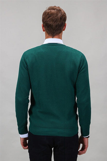 Slim Fit Crew Neck Honeycomb Patterned Men's Green Sweater