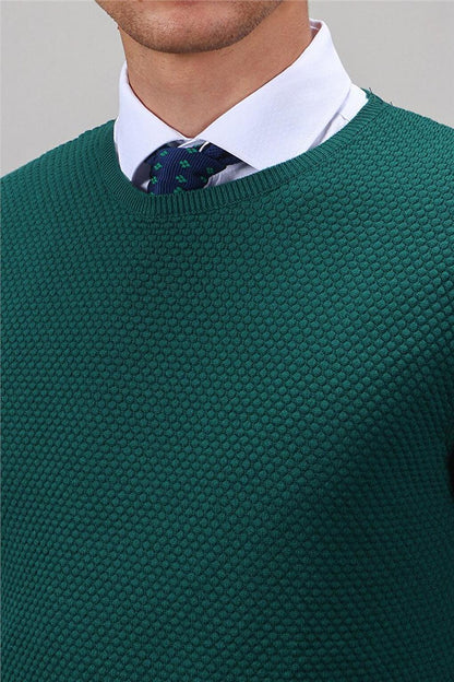 Slim Fit Crew Neck Honeycomb Patterned Men's Green Sweater