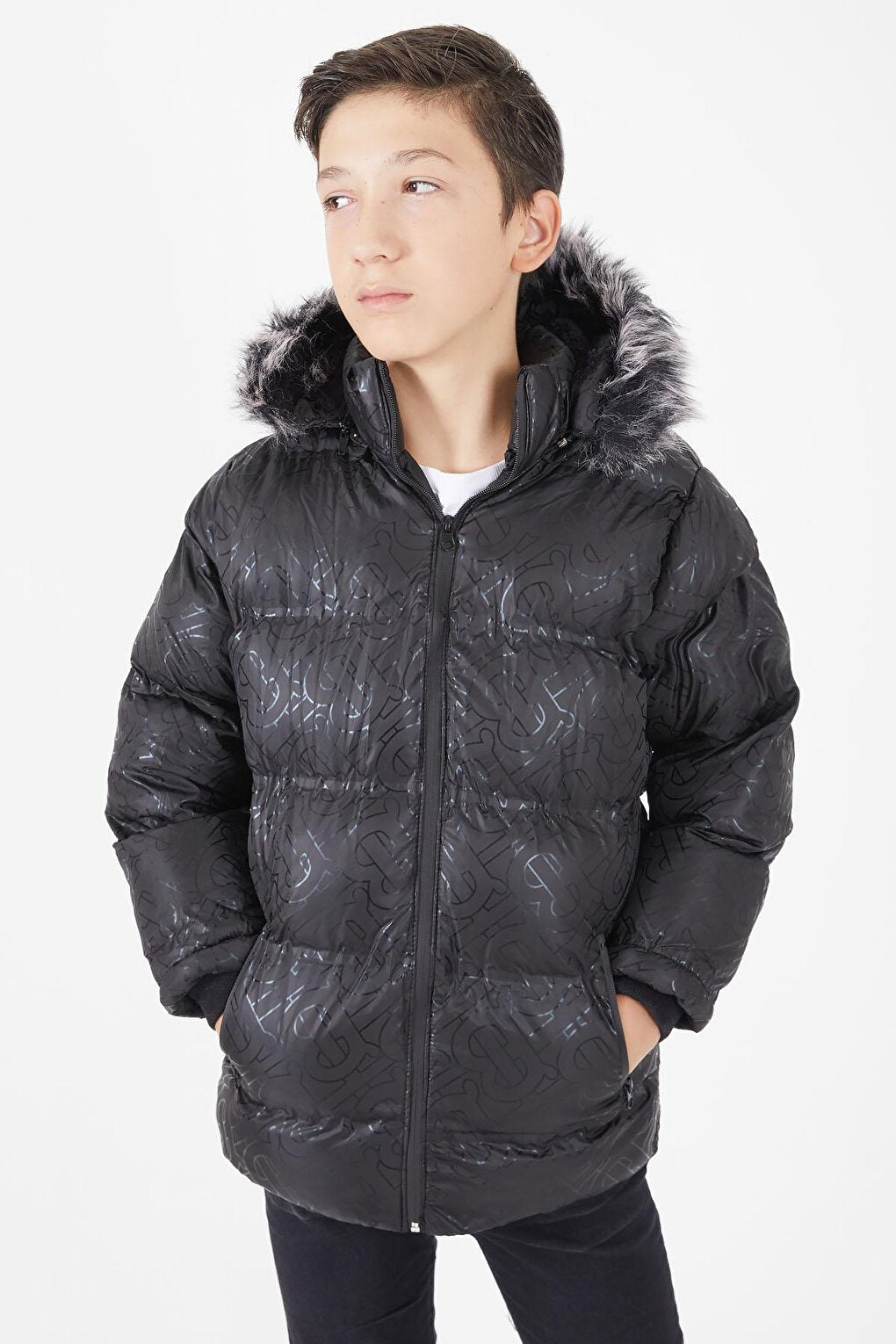 Boy's Black Puffer Coat with Black Fur 15480