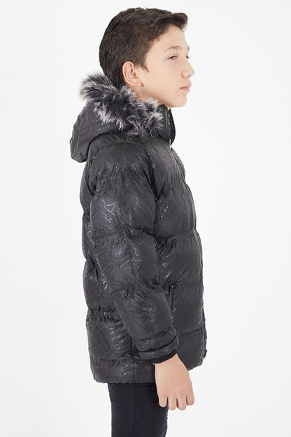 Boy's Black Puffer Coat with Black Fur 15480