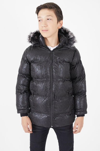 Boy's Black Puffer Coat with Black Fur 15480