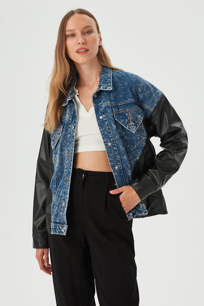 Women's Blue Leather Garnished Jean Jacket with Pocket Detail