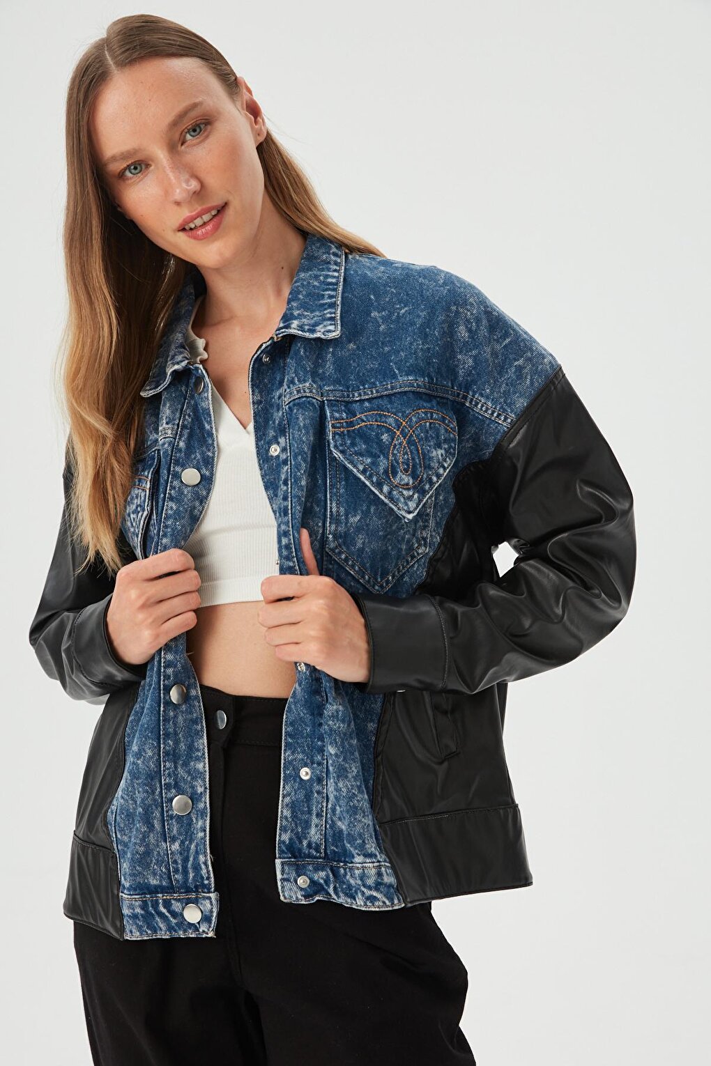 Women's Blue Leather Garnished Jean Jacket with Pocket Detail