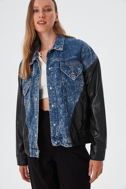 Women's Blue Leather Garnished Jean Jacket with Pocket Detail