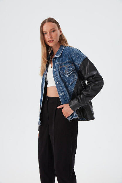 Women's Blue Leather Garnished Jean Jacket with Pocket Detail