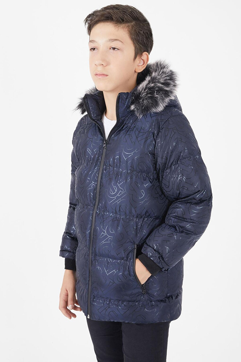 Boy's Navy Blue Puffer Coat with Black Fur 15481