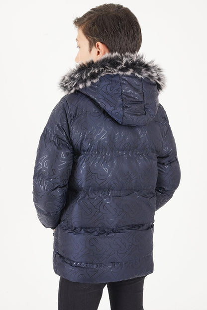 Boy's Navy Blue Puffer Coat with Black Fur 15481