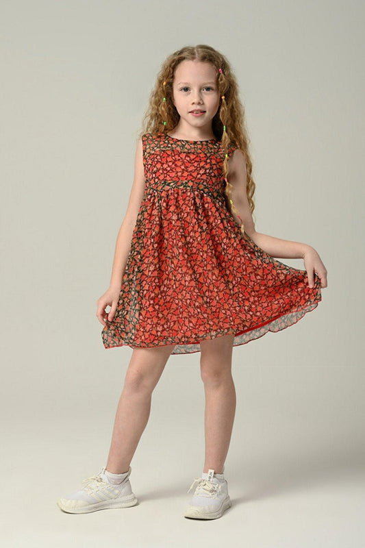 Girl's Crew Neck Sleeveless Floral Patterned Belted Waist Pomegranate Blossom Dress