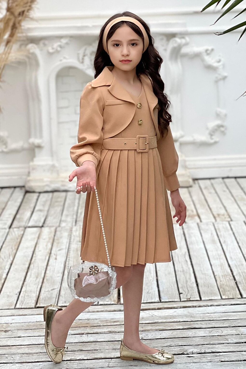 Girl's Blazer Jacket V-Neck Button Pleated Brown Dress 5-12 Years