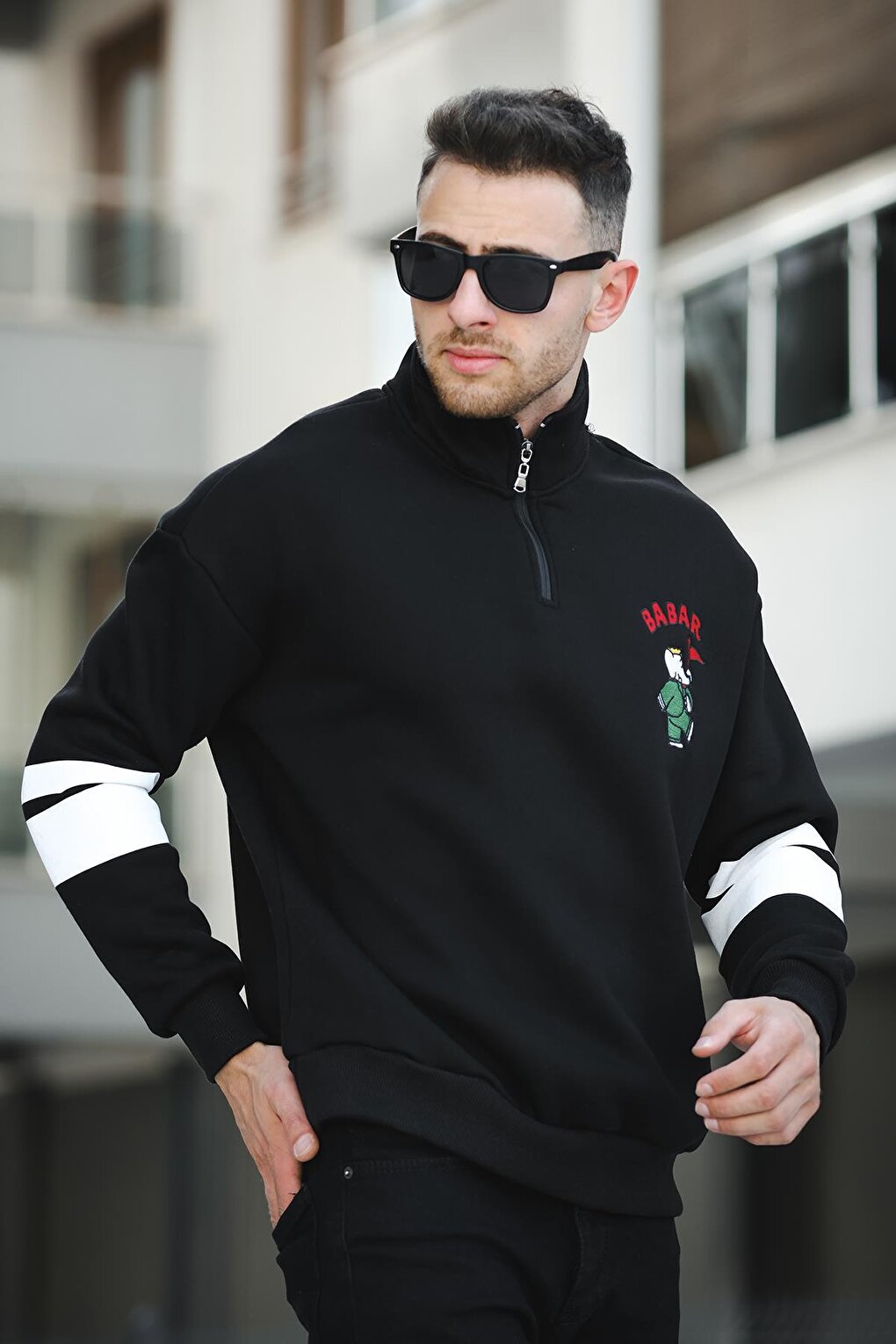 Babar Three Thread Raised Embroidered Zippered High Collar Oversize Men's Sweatshirt