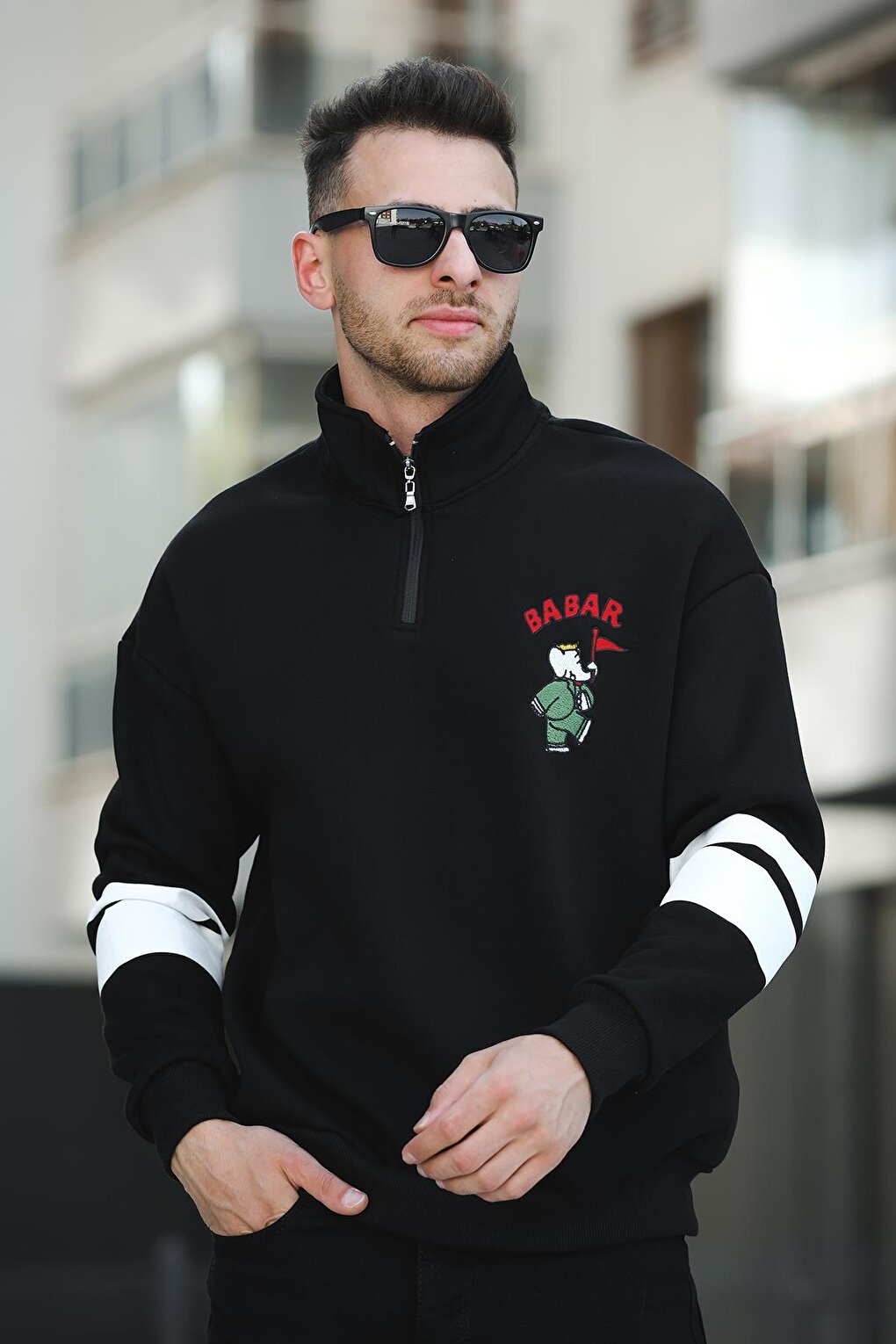 Babar Three Thread Raised Embroidered Zippered High Collar Oversize Men's Sweatshirt