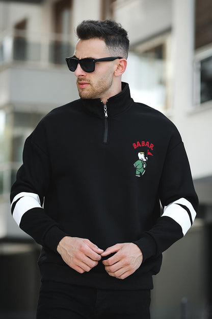 Babar Three Thread Raised Embroidered Zippered High Collar Oversize Men's Sweatshirt