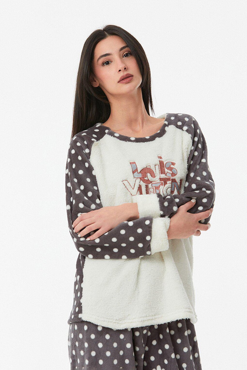 Embroidered Crew Neck Pajama Set