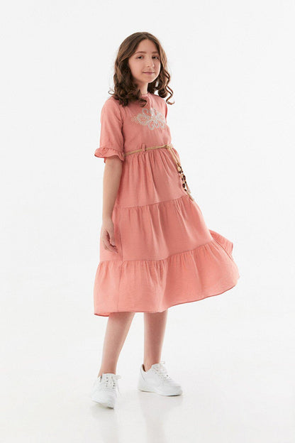 Embroidered Belt Detailed Girl's Ayrobin Dress