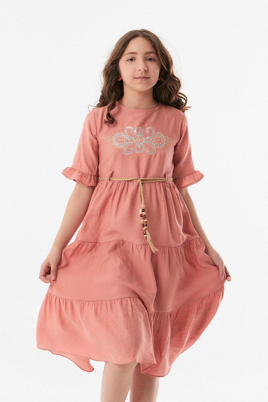 Embroidered Belt Detailed Girl's Ayrobin Dress