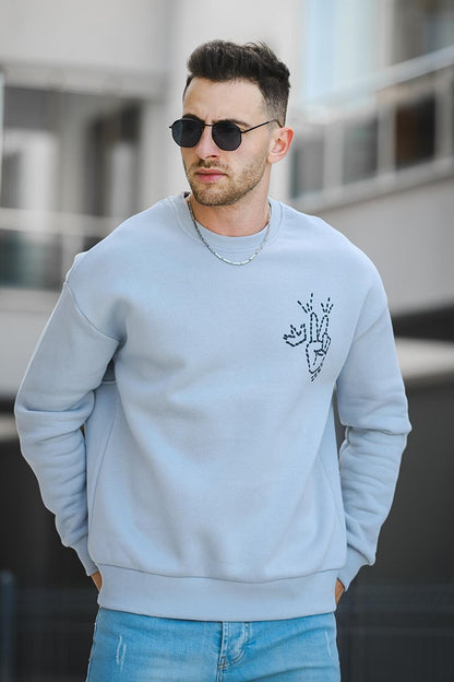 Three Thread Raised Back Printed Crew Neck Oversize Men's Sweatshirt