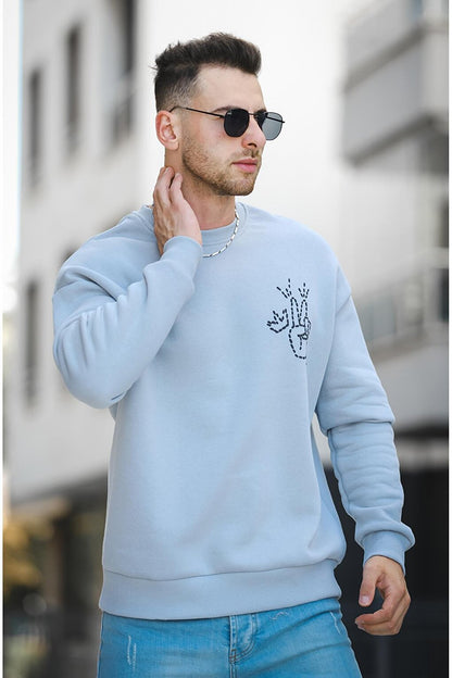 Three Thread Raised Back Printed Crew Neck Oversize Men's Sweatshirt