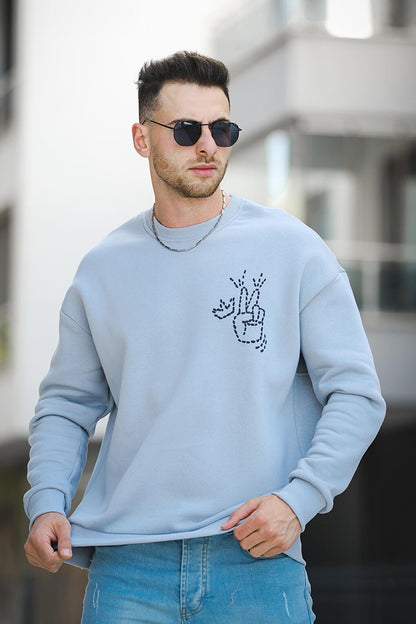 Three Thread Raised Back Printed Crew Neck Oversize Men's Sweatshirt