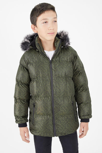 Boy's Khaki Puffer Coat Black Fur 15482