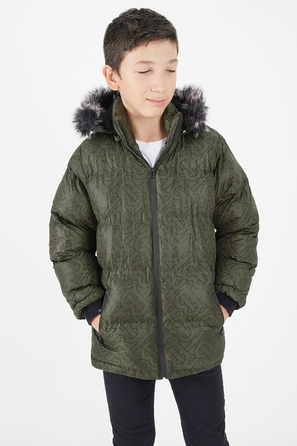 Boy's Khaki Puffer Coat Black Fur 15482