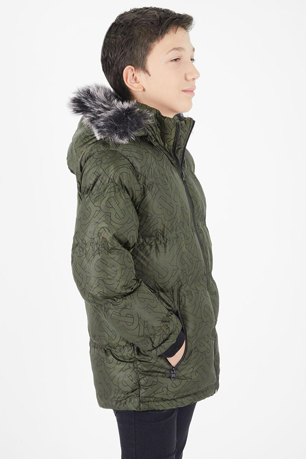 Boy's Khaki Puffer Coat Black Fur 15482